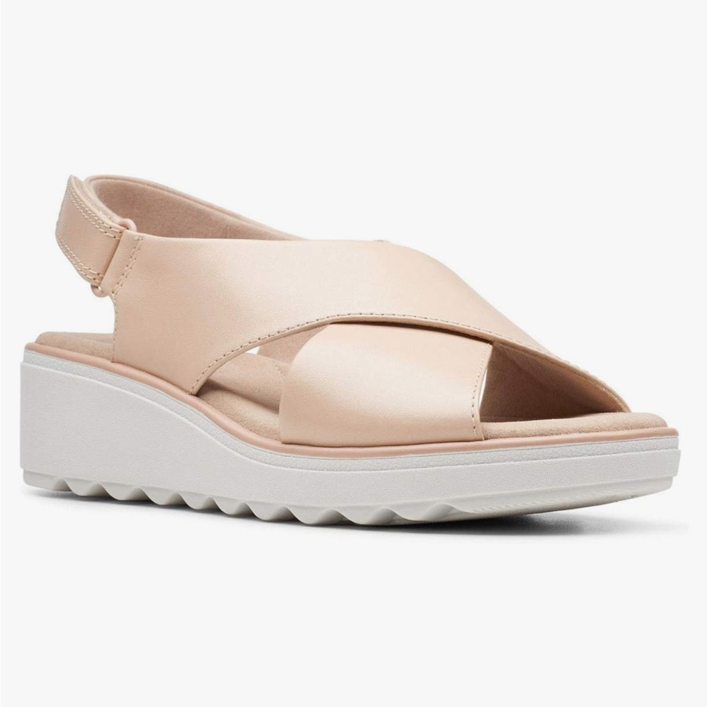 Clarks Collection Beige Leather Jillian Jewel Low Wedge Sandals Size 9.5